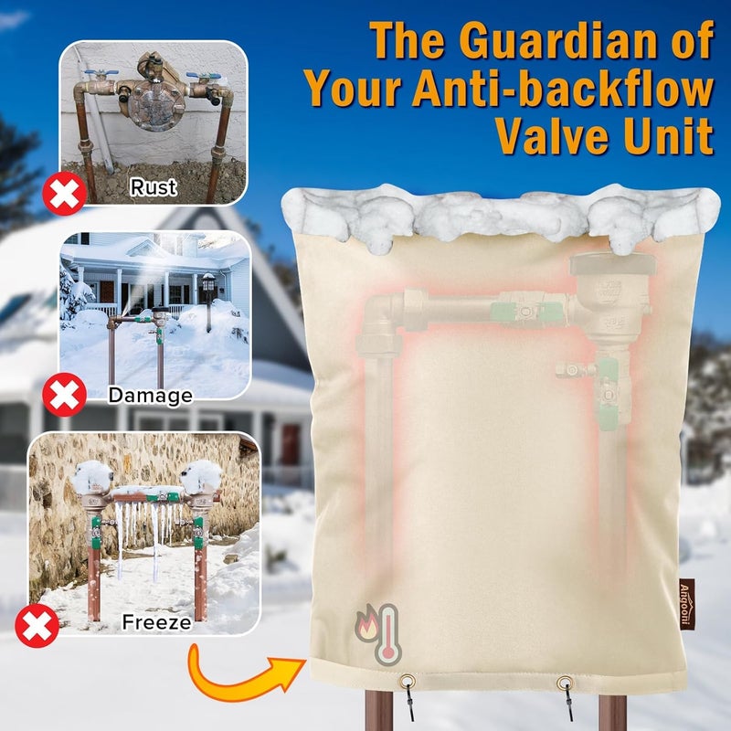 Angooni Upgraded Backflow Preventer Cover Aluminum Foil (5°F) - 20" W x 26" H Industrial 600D Winter Sprinkler Valve Covers for Outside, Anti-UV Winter-Freeze Water Well Pump Cover, Beige - Image 2